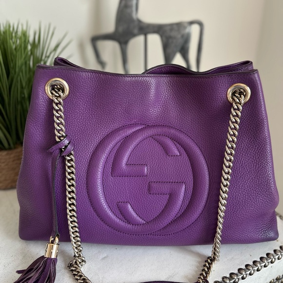 Gucci Soho Purple Pebbled Leather Shoulder Bag with Tassel and Chain Straps - Picture 7 of 11